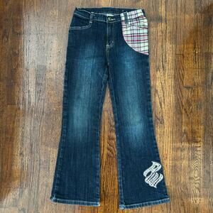 Rocawear Bell Bottom Jeans Plaid Embroidered Patches Girls Sz 8